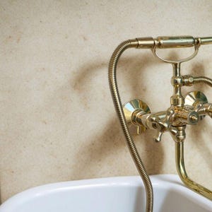 Unlacquered Brass Bathtub Faucet with Hand Shower | Solid Brass Vintage Wall Mount Bath Mixer Tap | Handmade Living Finish Fixture