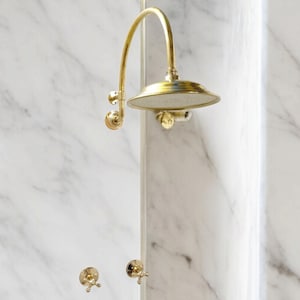 Unlacquered Solid Brass Shower Round ShowerHead, Curved Shower Head Arm