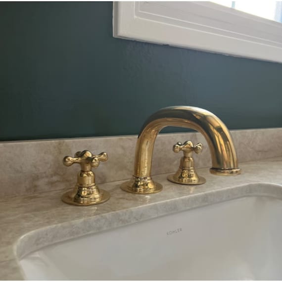 Unlacquered Brass 3-Hole Bathroom Faucet: Vintage Style Vanity Sink