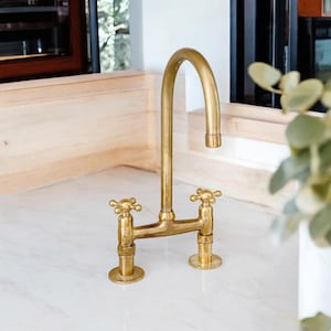 Unlacquered Brass Bridge Kitchen Faucet: Antique Style