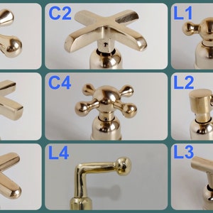 May include: Nine different styles of vintage-style faucet handles. The handles are made of polished brass and have a variety of shapes and designs. The handles are labelled C1 through C5 and L1 through L4.