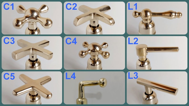 May include: Nine different styles of vintage-style faucet handles. The handles are made of polished brass and have a variety of shapes and designs. The handles are labelled C1 through C5 and L1 through L4.