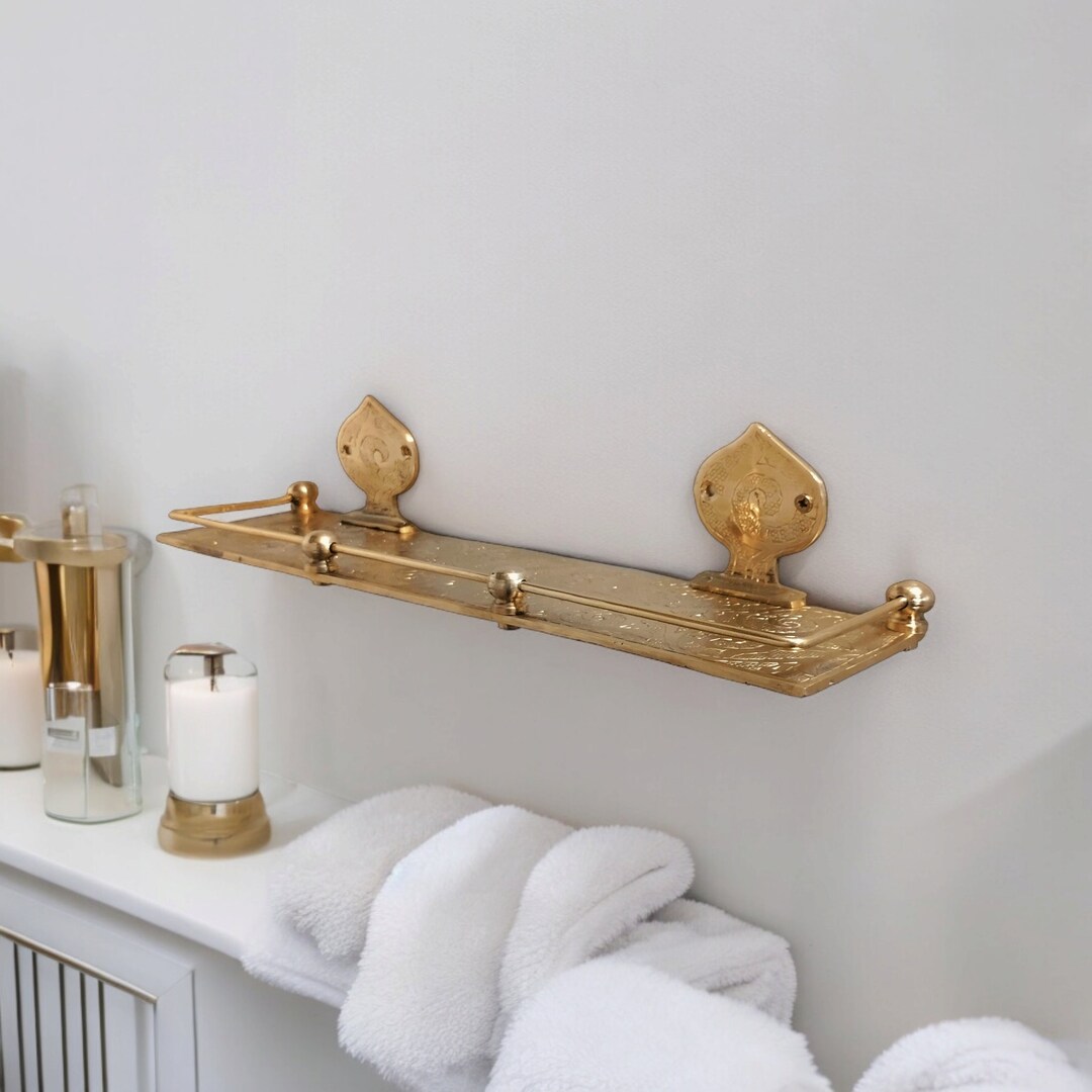 Engraved Solid Brass Wall Mounted Bathroom Shelf, Moroccan Handmade ...