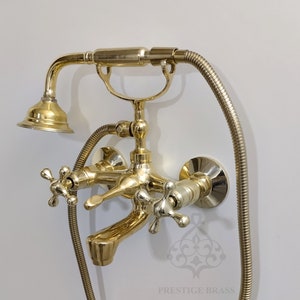 Unlacquered Brass faucet, Telephone Bathtub Faucet, Bathtub Tub Filler and shower system with lever handle