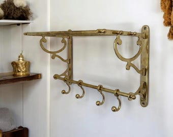 Vintage Brass Towel Rack And Shelf With Hooks, Unlacquered Brass Coat Rack With Towel Bar ,Worldwide Free Shipping