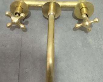 Unlacquered Brass Wall Mounted Bathroom Vessel Sink Faucet With Cross Handles Tap
