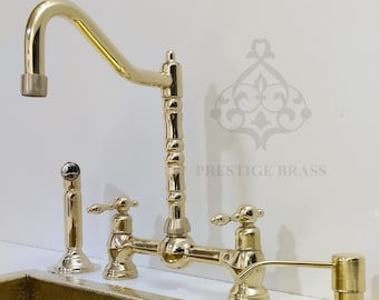 Unlacquered Brass Bridge Kitchen Faucet with Sprayer & Soap Dispenser