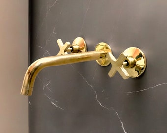 Unlacquered Brass Wall Mount Faucet: Bathroom Tub Filler, 8-Inch Spread