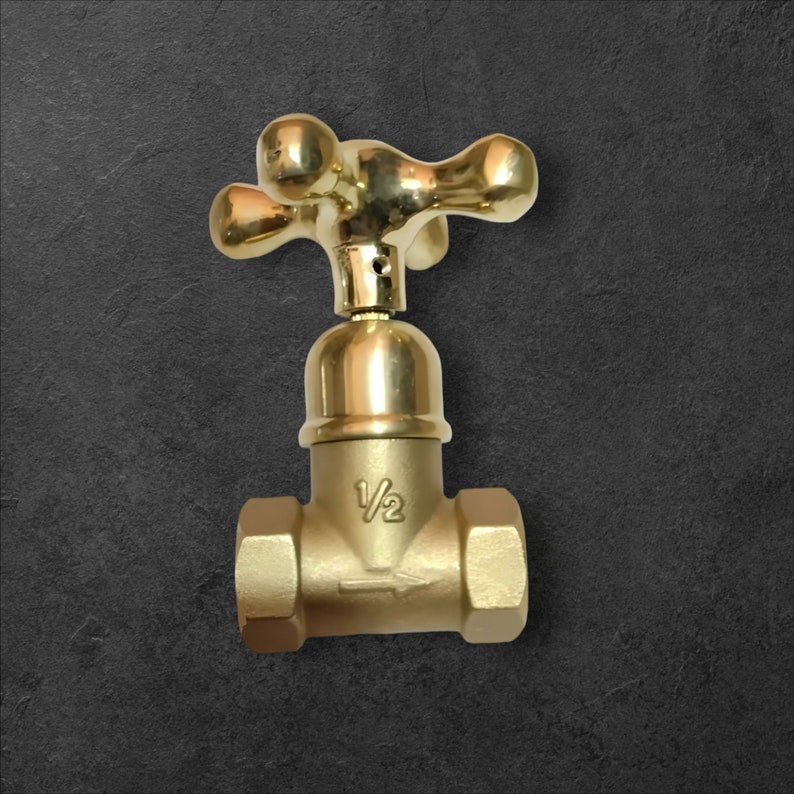 Peut inclure: Une vanne &agrave; opercule en laiton poli dot&eacute;e d'une poign&eacute;e en croix &agrave; quatre branches et d'un corps cylindrique. Le corps de la vanne est grav&eacute; de la fraction 1/2 et d'une fl&egrave;che directionnelle indiquant le sens du flux pour un raccord de 1/2 pouce.