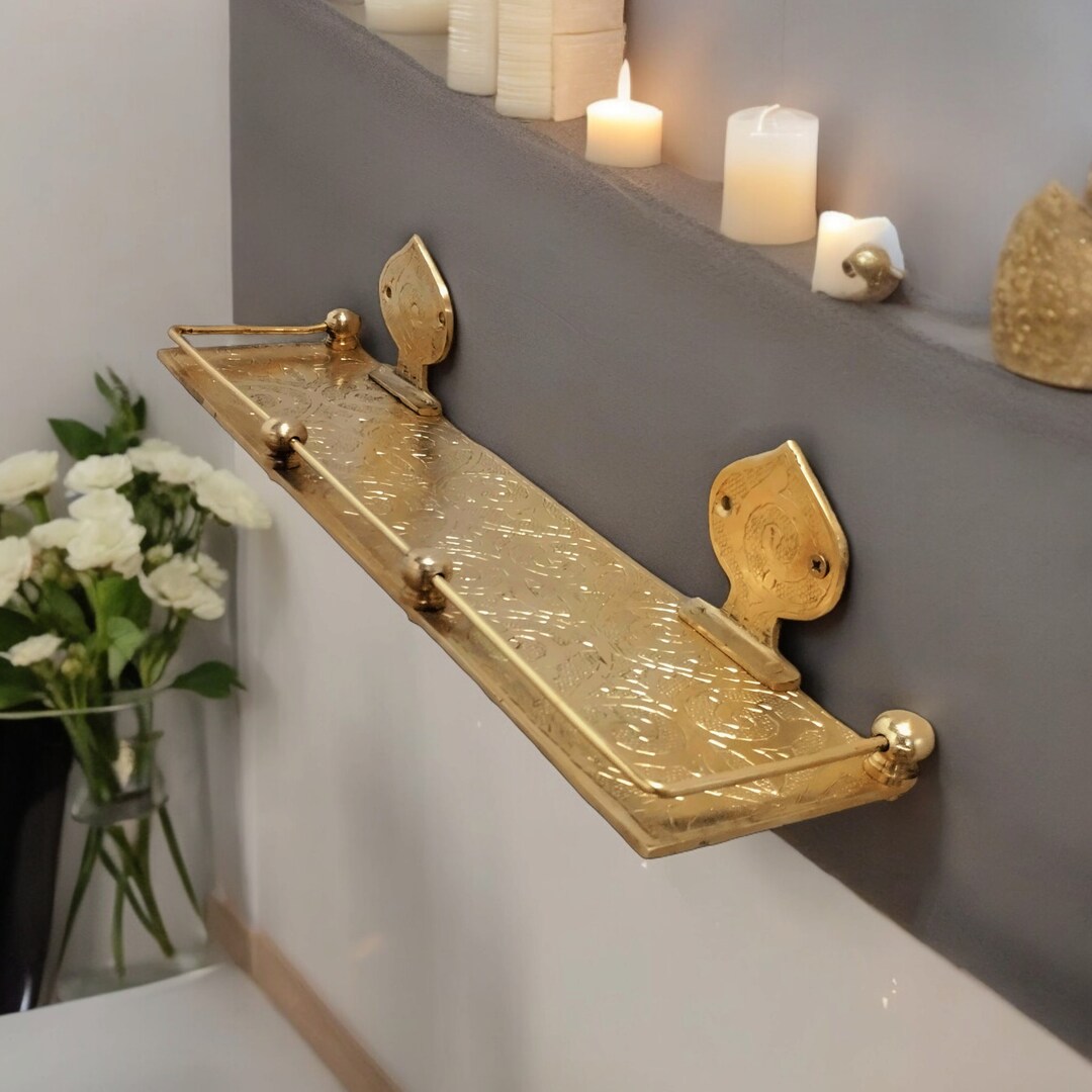 Engraved Solid Brass Wall Mounted Bathroom Shelf, Moroccan Handmade ...