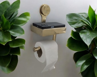 Unlacquered Brass Toilet Paper Holder With Shelf Wall Mounted, Handmade Brass Phone or Wallet Holder and Toilet Paper