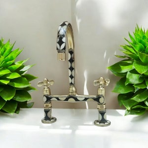 Unlacquered Brass Bridge Faucet Studded With Resin And Bone, Brass Bridge Faucet For Bathroom Or Kitchen