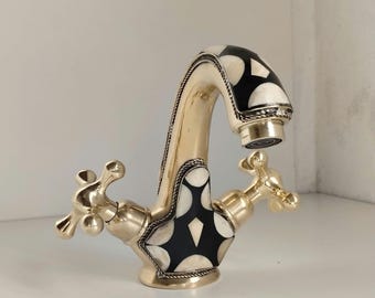 Unlacquered Brass Bathroom Faucet: Resin & Bone Inlay, Antique Decor