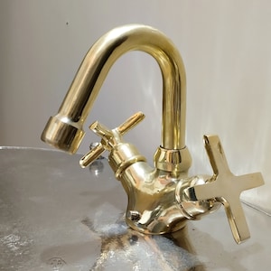 Single Hole Unlacquered Brass Gooseneck Faucet for Hot-cold water, Unlacquered Brass Bathroom Faucet, Brass sink faucet
