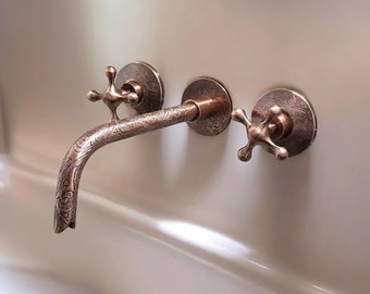 Copper Wall Mounted Bathroom Faucet: Vintage Cross Handle Tap