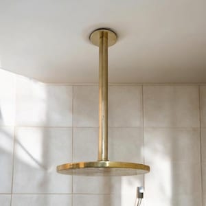 May include: A gold-colored shower head with a round, flat base and a long, cylindrical stem. The shower head is mounted to the ceiling.