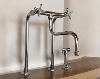 Nickel-Plated Brass Bridge Kitchen Faucet: Moroccan Star Handle & Sprayer