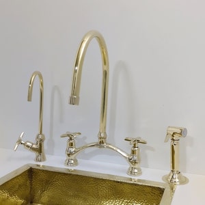 Unlacquered Brass Bridge Faucet With Various Handles style - Kitchen Faucets