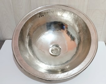 Hammered Round Silver Sink - Drop-in Handmade Brass Sink Vanity