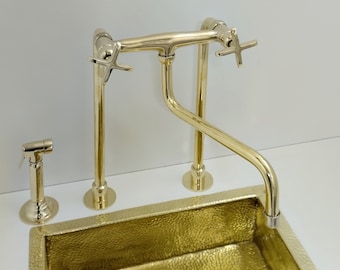 Vintage Unlacquered Brass Kitchen Faucet with Sprayer & Pivot Spout