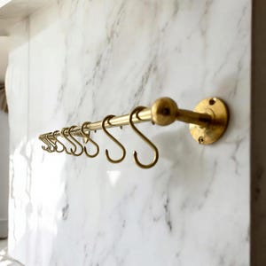 Handmade Vintage Brass Pot Rack, Brass Kitchen Rail with Hooks, Unlacquered Antique Style, Rustic Gold Wall Mounted Kitchen Organizer