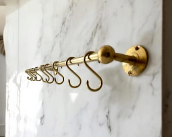 Handmade Vintage Brass Pot Rack, Brass Kitchen Rail with Hooks, Unlacquered Antique Style, Rustic Gold Wall Mounted Kitchen Organizer