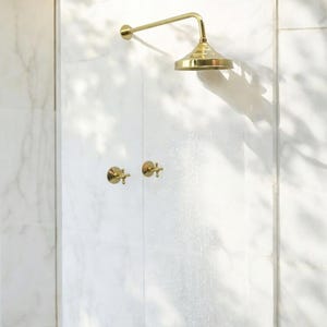 Unlacquered Solid Brass Shower System: Round Rain Shower Head, Straight Arm