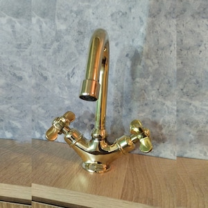 Single Hole Unlacquered Brass Gooseneck Faucet for Hot-cold water, Unlacquered Brass Bathroom Faucet, Brass sink faucet