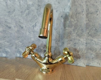 Unlacquered Brass Gooseneck Bathroom Faucet: Single Hole, Cross Handle