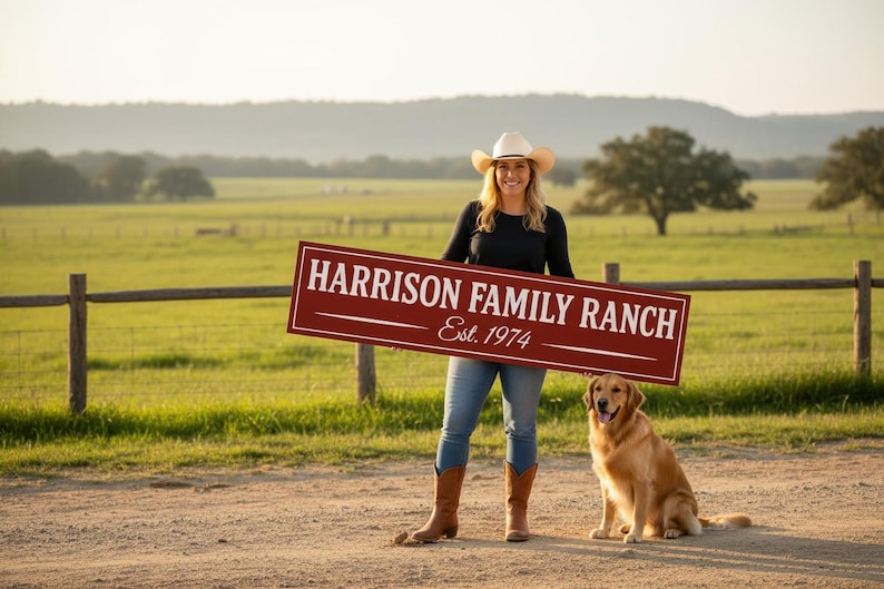 Smiling woman in a cowboy hat holding a custom barn red ranch sign that reads ‘Harrison Family Ranch Est. 1974,’ with a golden retriever sitting beside her on a dirt road overlooking a green pasture, handcrafted by Farmhouse Timber Company.”