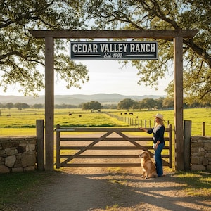Custom wood ranch entrance sign reading ‘Cedar Valley Ranch Est. 1992’ displayed on a farm gate with woman and dog at sunset, handcrafted by Farmhouse Timber Company.