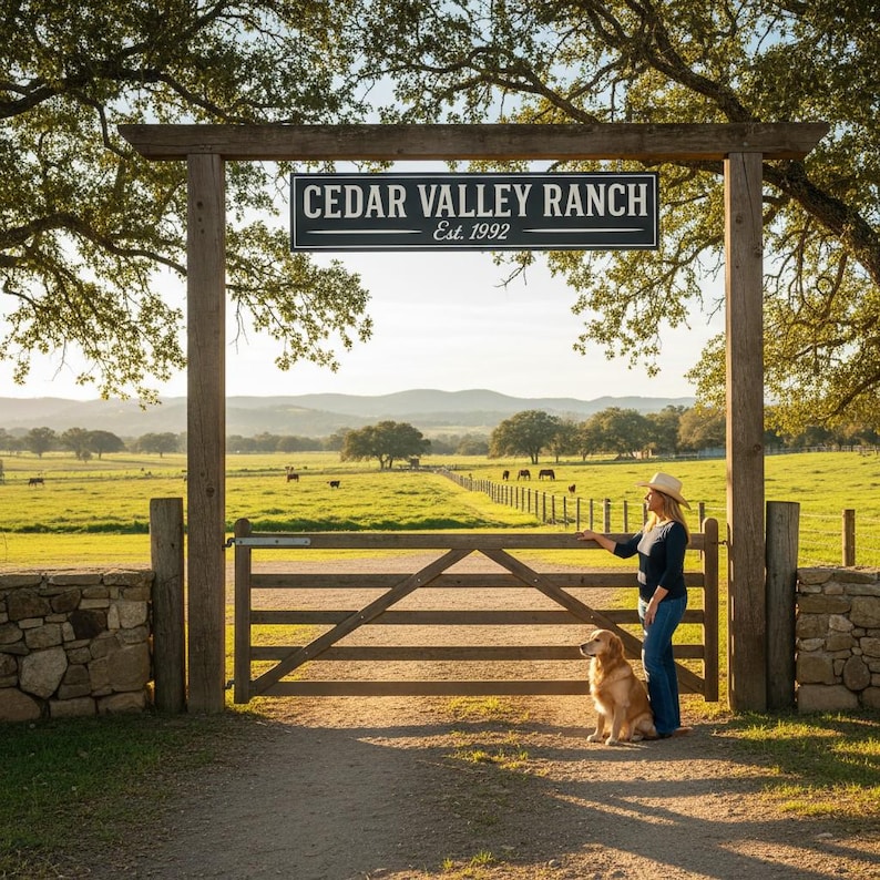 Custom wood ranch entrance sign reading ‘Cedar Valley Ranch Est. 1992’ displayed on a farm gate with woman and dog at sunset, handcrafted by Farmhouse Timber Company.