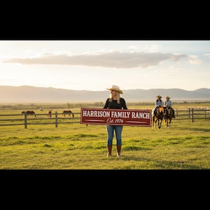Woman in cowboy hat holding a custom barn red ranch sign reading ‘Harrison Family Ranch Est. 1974’ with horses and riders in the background on a sunny ranch, handcrafted by Farmhouse Timber Company.
