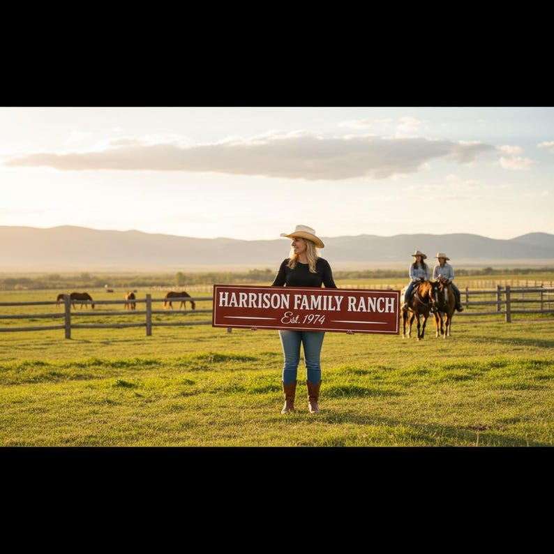 Woman in cowboy hat holding a custom barn red ranch sign reading ‘Harrison Family Ranch Est. 1974’ with horses and riders in the background on a sunny ranch, handcrafted by Farmhouse Timber Company.