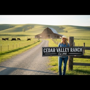Woman in cowboy hat holding a custom black ranch sign reading ‘Cedar Valley Ranch Est. 1992’ on a dirt road with cows and a barn in the background, handcrafted by Farmhouse Timber Company.