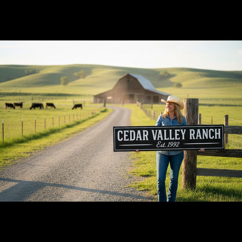 Woman in cowboy hat holding a custom black ranch sign reading ‘Cedar Valley Ranch Est. 1992’ on a dirt road with cows and a barn in the background, handcrafted by Farmhouse Timber Company.