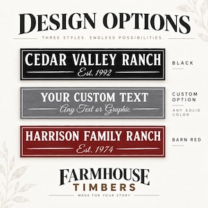 May include: Three rectangular wooden signs with white text. The top sign is black with 'CEDAR VALLEY RANCH Est. 1992'. The middle sign is gray with 'YOUR CUSTOM TEXT Any Text or Graphic'. The bottom sign is barn red with 'HARRISON FAMILY RANCH Est. 1974'.