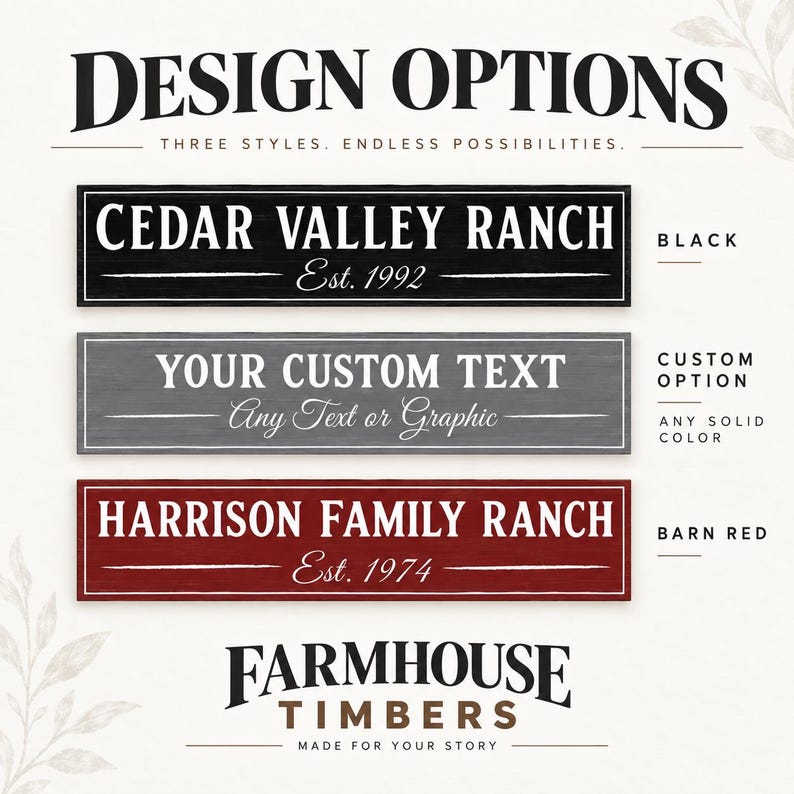 May include: Three rectangular wooden signs with white text. The top sign is black with 'CEDAR VALLEY RANCH Est. 1992'. The middle sign is gray with 'YOUR CUSTOM TEXT Any Text or Graphic'. The bottom sign is barn red with 'HARRISON FAMILY RANCH Est. 1974'.