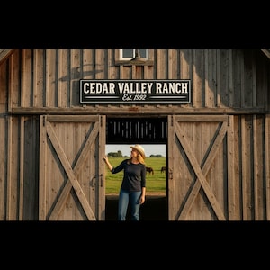 Custom wood barn sign reading ‘Cedar Valley Ranch Est. 1992’ displayed above barn doors with woman in cowboy hat standing below, handcrafted by Farmhouse Timber Company.