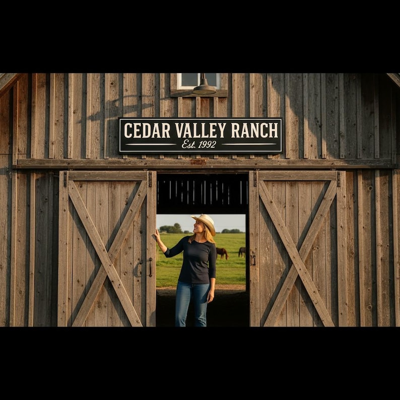 Custom wood barn sign reading ‘Cedar Valley Ranch Est. 1992’ displayed above barn doors with woman in cowboy hat standing below, handcrafted by Farmhouse Timber Company.