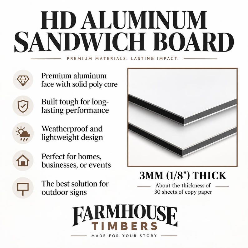 May include: An HD aluminum sandwich board with a solid poly core, featuring a white surface and a black interior layer. The board is 3mm (1/8 inch) thick. Text on the board includes HD ALUMINUM SANDWICH BOARD, FARMHOUSE TIMBERS, and product details.