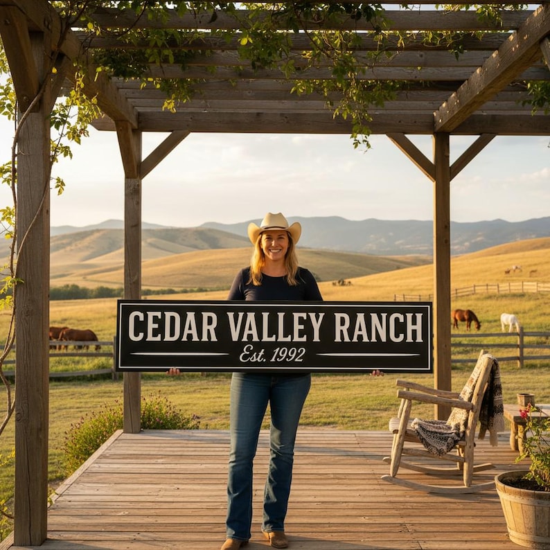 Woman in cowboy hat holding custom ranch sign that reads ‘Cedar Valley Ranch Est. 1992’ on a porch overlooking rolling hills and horses, handcrafted by Farmhouse Timber Company.