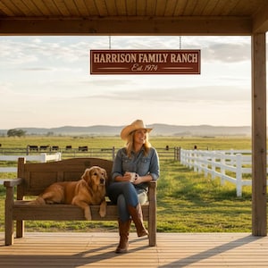 Woman in cowboy hat sitting on a farmhouse porch beside a golden retriever with a hanging barn red sign reading ‘Harrison Family Ranch Est. 1974’ in the background, handcrafted by Farmhouse Timber Company.