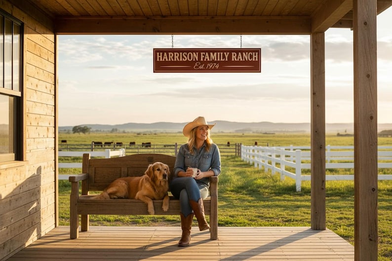 Woman in cowboy hat sitting on a farmhouse porch beside a golden retriever with a hanging barn red sign reading ‘Harrison Family Ranch Est. 1974’ in the background, handcrafted by Farmhouse Timber Company.