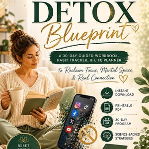 Könnte beinhalten: The Social Media Detox Blueprint ist ein 30-tägiges geführtes Arbeitsbuch, ein Gewohnheitstracker und ein Lebensplaner. Das Cover zeigt dunkelgrünen Text, goldene Schrift und botanische Illustrationen sowie einen sofortigen PDF-Download.