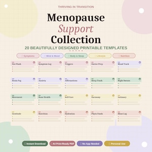 Puede incluir: Colección de plantillas imprimibles digitales titulada "Menopause Support Collection" con 20 plantillas. Las plantillas cubren temas como síntomas, mente y estado de ánimo, cuerpo y sueño, estilo de vida y nutrición. Incluye "Descarga instantánea" y "PDF listo para imprimir A4".