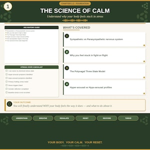 Può includere: Una scheda didattica verde scuro e crema intitolata The Science of Calm. Include sezioni per una guida all'anatomia del sistema nervoso, una lista di controllo dello stress e argomenti trattati come il modello polivagale a tre stati.