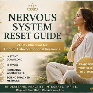 May include: A digital guide titled Nervous System Reset Guide, 21-Day Blueprint for Chronic Calm & Emotional Resilience. Features include instant download, 18 pages, printable worksheets, and science-backed methods. Text reads: Transform your stress in 21 days.
