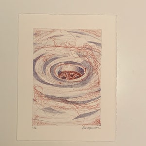 May include: A black and white print of a swirling abstract design with a red circle in the center. The print is signed "Bridgewater" and numbered "116".