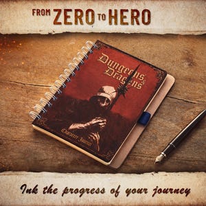 May include: A spiral-bound "Dungeons & Dragons" character journal with a red cover featuring a knight illustration, a pen, and the text "From Zero to Hero" and "Ink the progress of your journey" on a wooden surface.